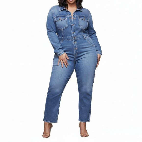 Good American Long Sleeve Denim Utility Jumpsuit Size 5 / XXL - Picture 1 of 14